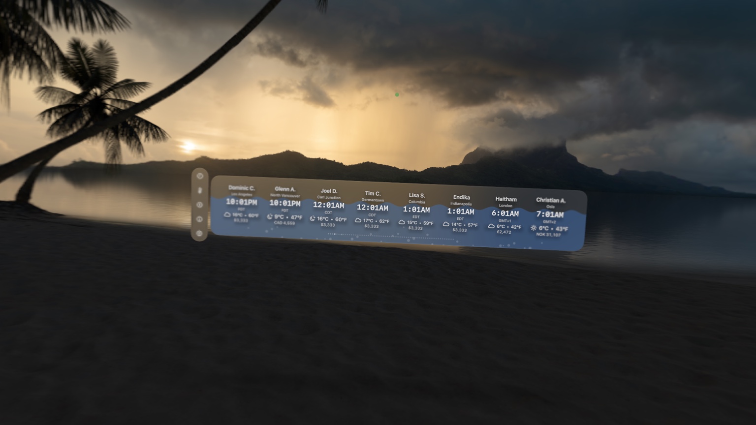 Submerged World Clock in an immersive tropical scene on Apple Vision Pro.